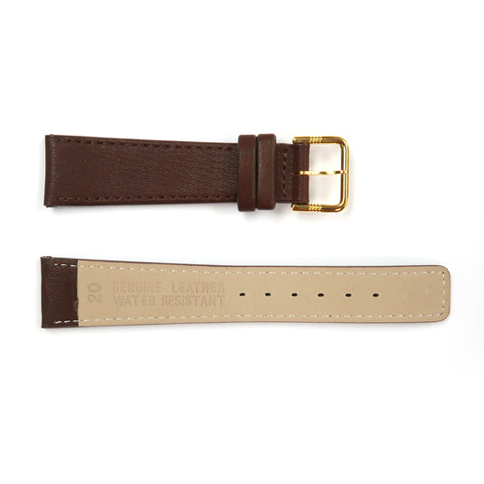 Genuine Leather Watch Band 20mm Flat Classic Plain Grain Stitched in Brown - Universal Jewelers & Watch Tools Inc. 