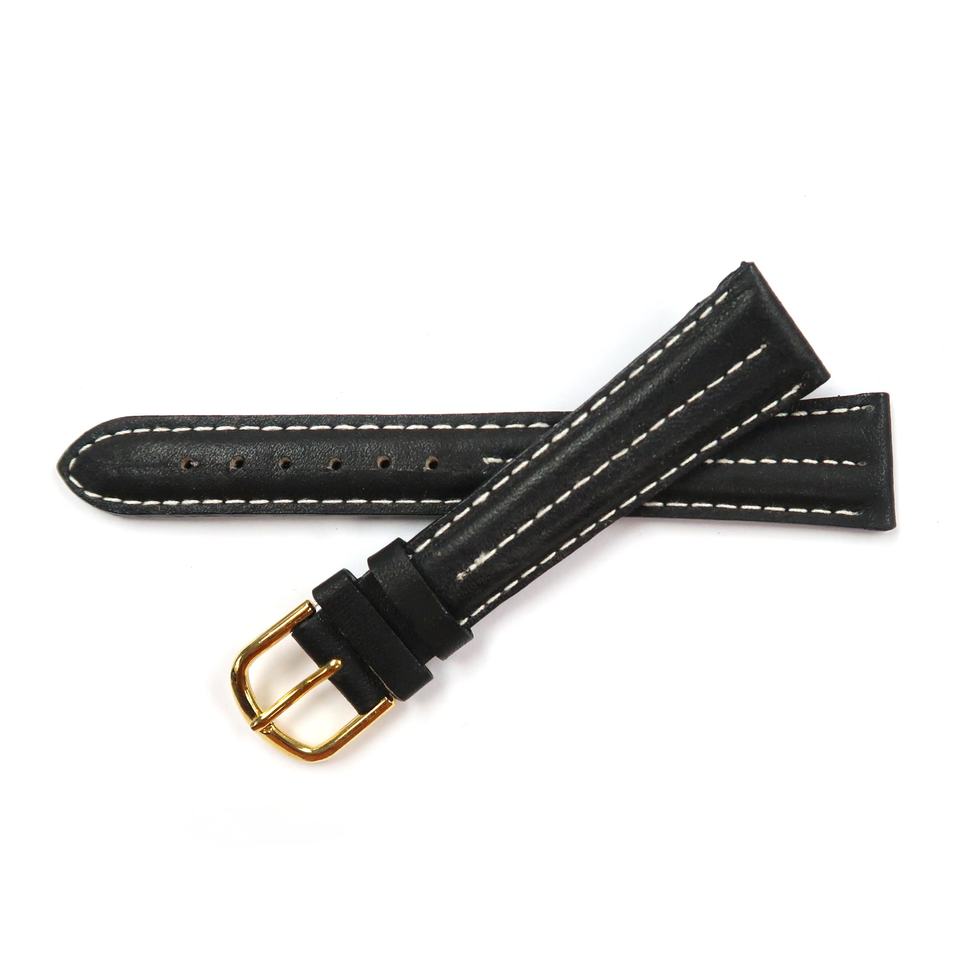 Genuine Leather Watch Band 18mm Padded Classic Plain Grain White Stitched in Black - Universal Jewelers & Watch Tools Inc. 