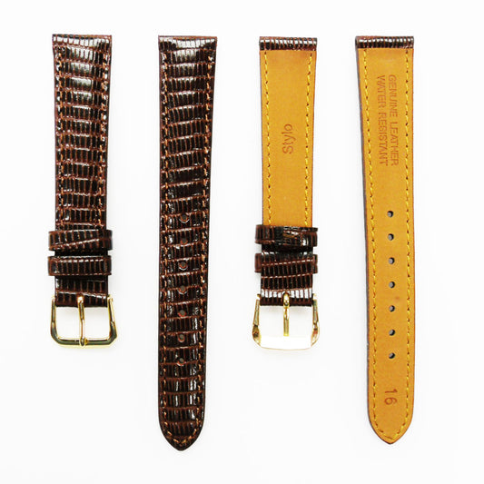 Lizard Watch Band, 16MM Wide, Padded, Regular Size, Brown Color, Brown Stitched, Gold and Silver Buckle, Genuine Leather Watch Strap Replacement