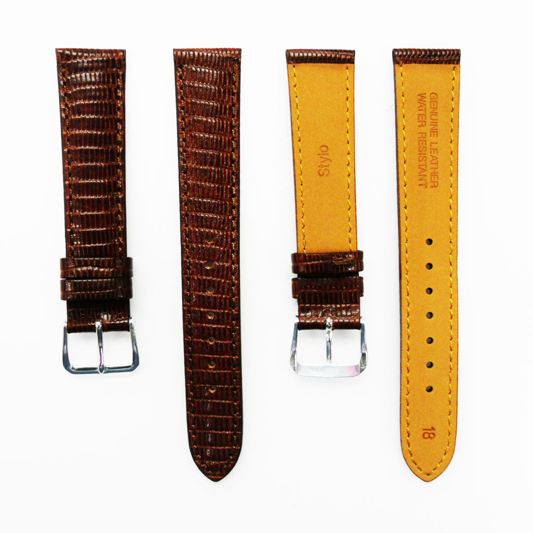 Lizard Watch Band, 18MM Wide, Padded, Regular Size, Brown Color, Brown Stitched, Silver Buckle, Genuine Leather Watch Strap Replacement