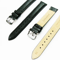 Lizard Watch Band, 18MM Wide, Padded, Regular and XL Size, Black Color, Black Stitched, Silver Buckle, Genuine Leather Watch Strap Replacement
