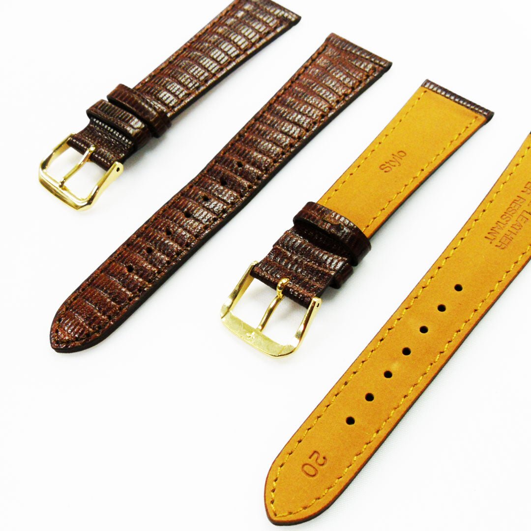 Lizard Watch Band, 20MM Wide, Padded, Regular Size, Brown Color, Brown Stitched, Silver and Gold Buckle, Genuine Leather Watch Strap Replacement - Universal Jewelers & Watch Tools Inc.