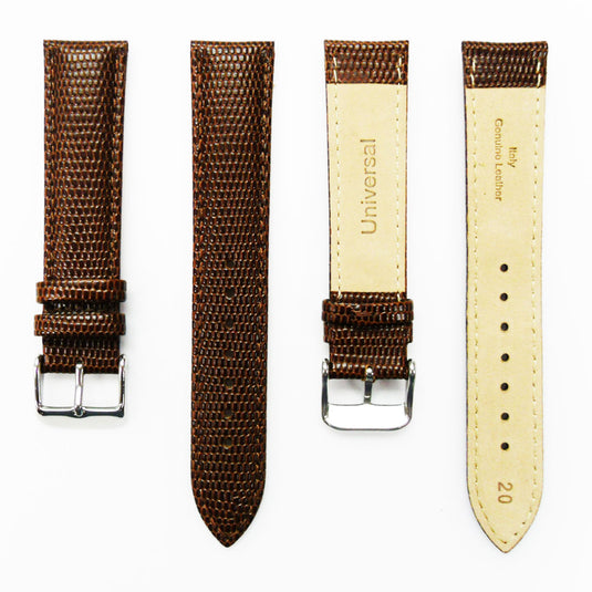 Lizard Watch Band, 20MM Wide, Padded, Regular Size, Brown Color, Brown Stitched, Gold and Silver Buckle, Genuine Leather Watch Strap Replacement