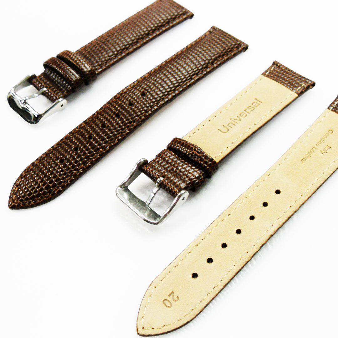 Lizard Watch Band, 20MM Wide, Padded, Regular Size, Brown Color, Brown Stitched, Silver and Gold Buckle, Genuine Leather Watch Strap Replacement - Universal Jewelers & Watch Tools Inc.