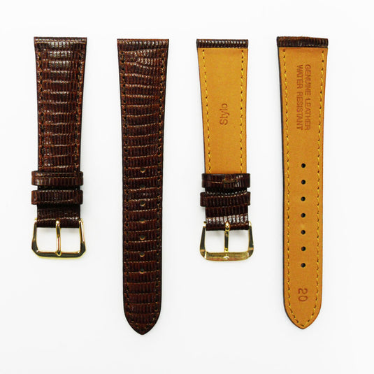 Lizard Watch Band, 20MM Wide, Padded, Regular Size, Brown Color, Brown Stitched, Gold and Silver Buckle, Genuine Leather Watch Strap Replacement