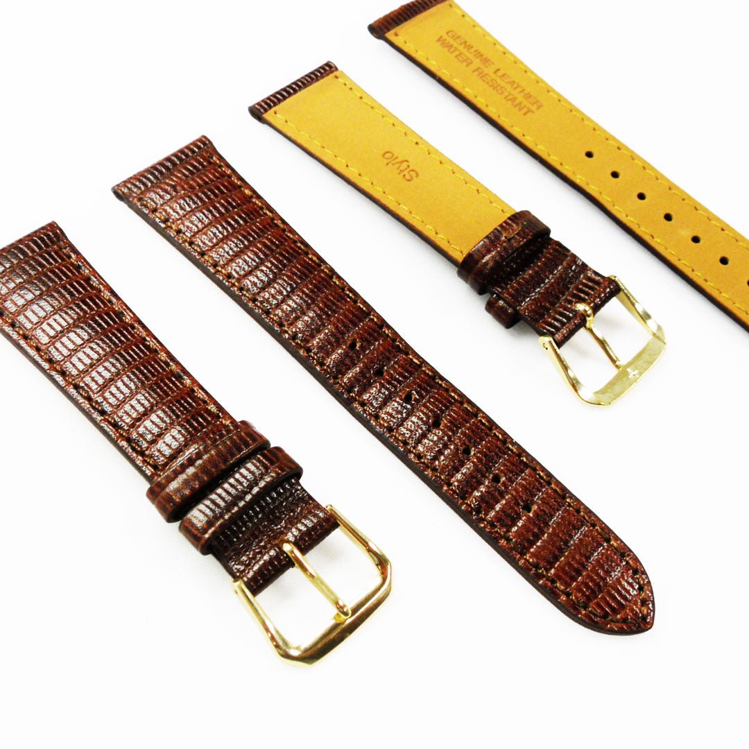 Lizard Watch Band, 20MM Wide, Padded, Regular Size, Brown Color, Brown Stitched, Silver and Gold Buckle, Genuine Leather Watch Strap Replacement - Universal Jewelers & Watch Tools Inc.