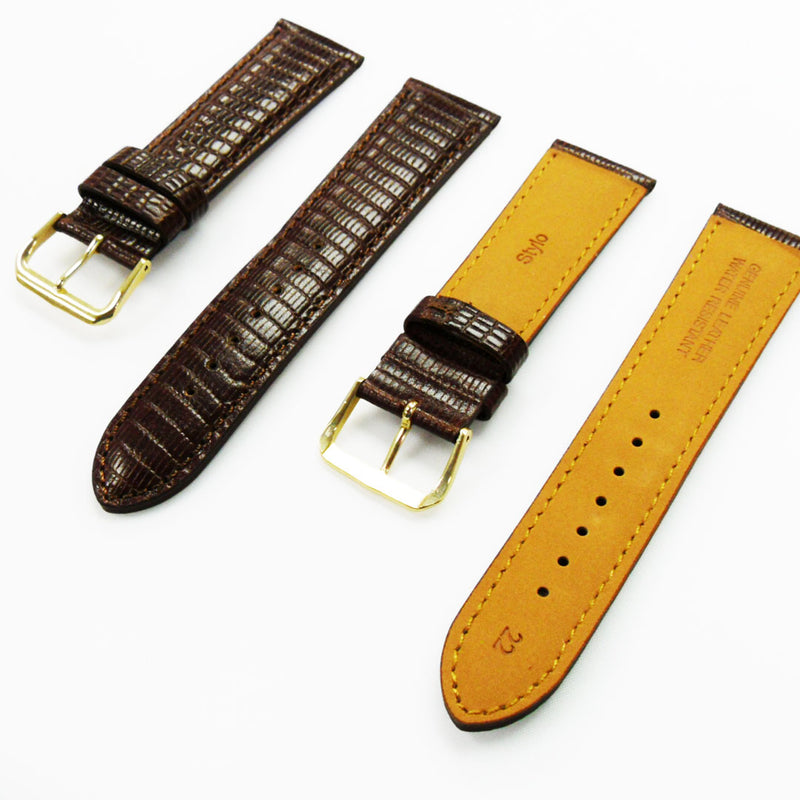 Load image into Gallery viewer, Lizard Watch Band, 22MM Wide, Padded, Regular Size, Brown Color, Brown Stitched, Silver and Gold Buckle, Genuine Leather Watch Strap Replacement
