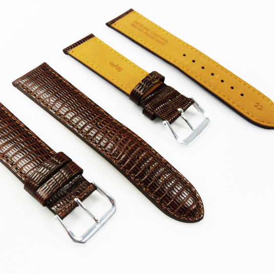 Lizard Watch Band, 22MM Wide, Padded, Regular Size, Brown Color, Brown Stitched, Silver and Gold Buckle, Genuine Leather Watch Strap Replacement
