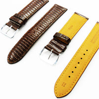 Lizard Watch Band, 22MM Wide, Padded, Regular Size, Brown Color, Brown Stitched, Silver and Gold Buckle, Genuine Leather Watch Strap Replacement