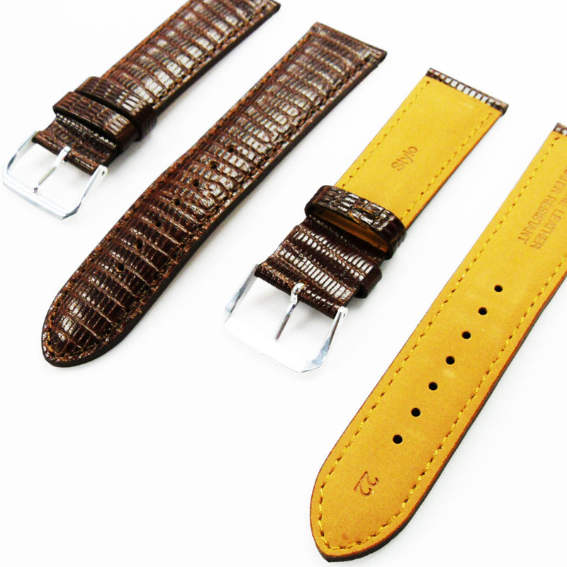 Load image into Gallery viewer, Lizard Watch Band, 22MM Wide, Padded, Regular Size, Brown Color, Brown Stitched, Silver and Gold Buckle, Genuine Leather Watch Strap Replacement
