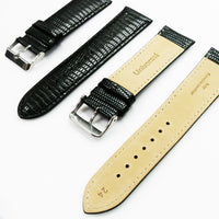 Lizard Watch Band, 24MM Wide, Padded, Regular Size, Black Color, Black Stitched, Silver Buckle, Genuine Leather Watch Strap Replacement