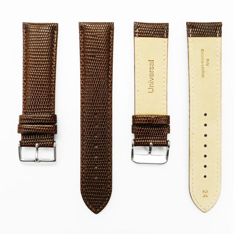 Load image into Gallery viewer, Lizard Watch Band, 24MM Wide, Padded, Regular Size, Brown Color, Brown Stitched, Silver and Gold Buckle, Genuine Leather Watch Strap Replacement
