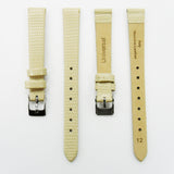 Lizard Style, Ladies Watch Band, 12MM Wide Flat, Regular Size, Beige Color, Silver Buckle, Genuine Leather Strap Replacement