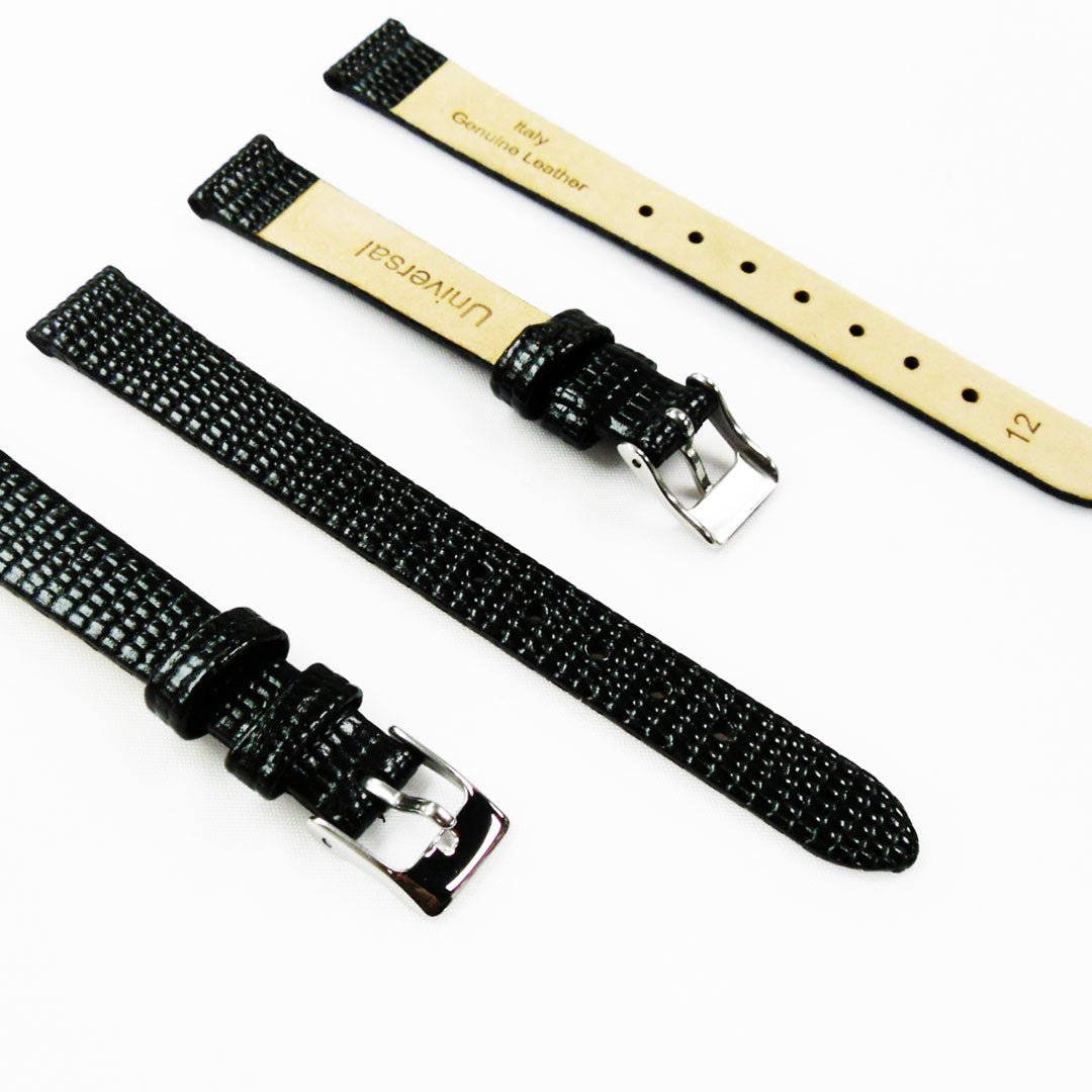 Lizard Style, Ladies Watch Band, 12MM Wide Flat, Regular Size, Black Color, Silver Buckle, Genuine Leather Strap Replacement - Universal Jewelers & Watch Tools Inc.