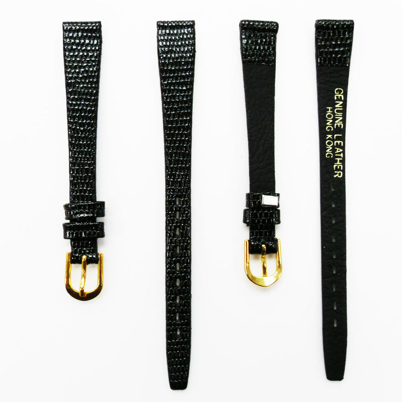 Load image into Gallery viewer, Lizard Style, Ladies Watch Band, 12MM Wide Flat, Regular Size, Black Color, Golden Buckle, Genuine Leather Strap Replacement
