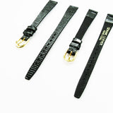 Lizard Style, Ladies Watch Band, 12MM Wide Flat, Regular Size, Black Color, Golden Buckle, Genuine Leather Strap Replacement