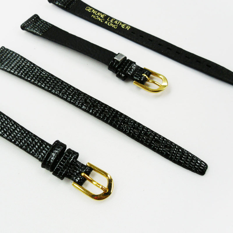 Load image into Gallery viewer, Lizard Style, Ladies Watch Band, 12MM Wide Flat, Regular Size, Black Color, Golden Buckle, Genuine Leather Strap Replacement
