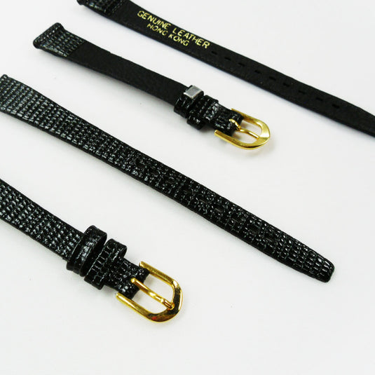 Lizard Style, Ladies Watch Band, 12MM Wide Flat, Regular Size, Black Color, Golden Buckle, Genuine Leather Strap Replacement