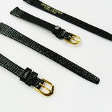 Lizard Style, Ladies Watch Band, 12MM Wide Flat, Regular Size, Black Color, Golden Buckle, Genuine Leather Strap Replacement