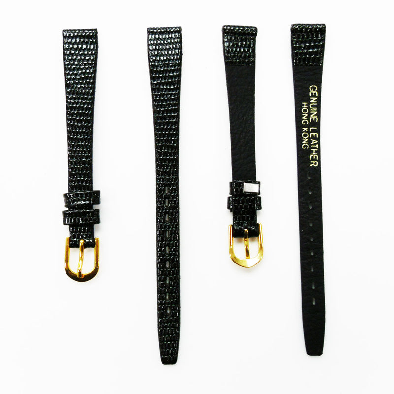 Load image into Gallery viewer, Lizard Style, Ladies Watch Band, 12MM Wide Flat, Regular Size, Black Color, Golden Buckle, Genuine Leather Strap Replacement
