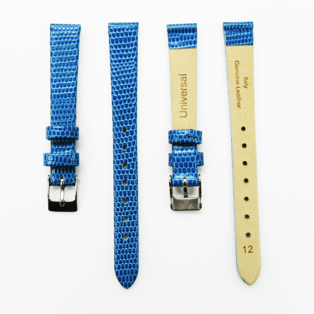 Lizard Style, Ladies Watch Band, 12MM Wide Flat, Regular Size, Blue Color, Silver Buckle, Genuine Leather Strap Replacement - Universal Jewelers & Watch Tools Inc.