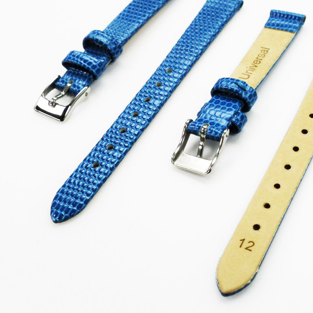 Lizard Style, Ladies Watch Band, 12MM Wide Flat, Regular Size, Blue Color, Silver Buckle, Genuine Leather Strap Replacement - Universal Jewelers & Watch Tools Inc.