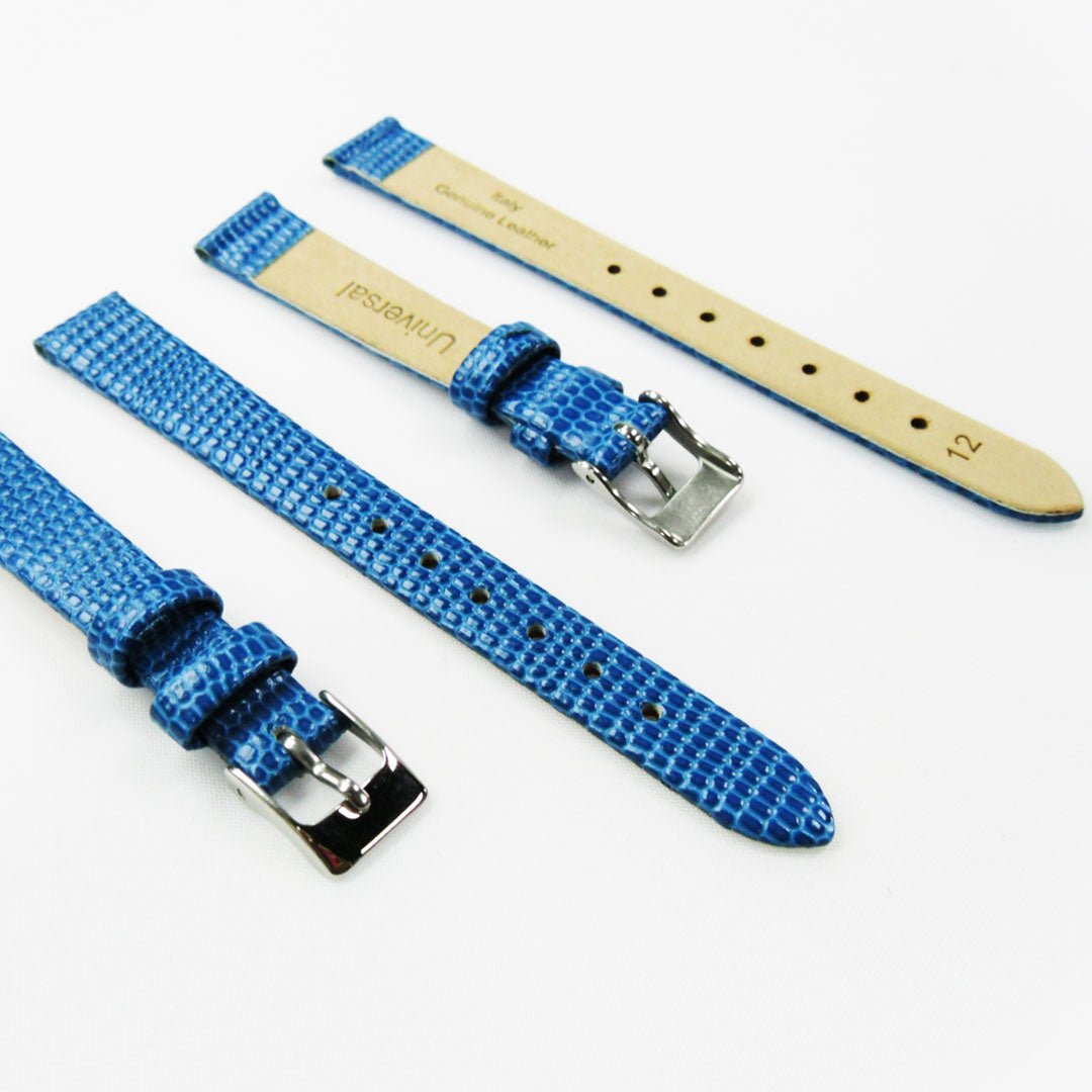 Lizard Style, Ladies Watch Band, 12MM Wide Flat, Regular Size, Blue Color, Silver Buckle, Genuine Leather Strap Replacement - Universal Jewelers & Watch Tools Inc.