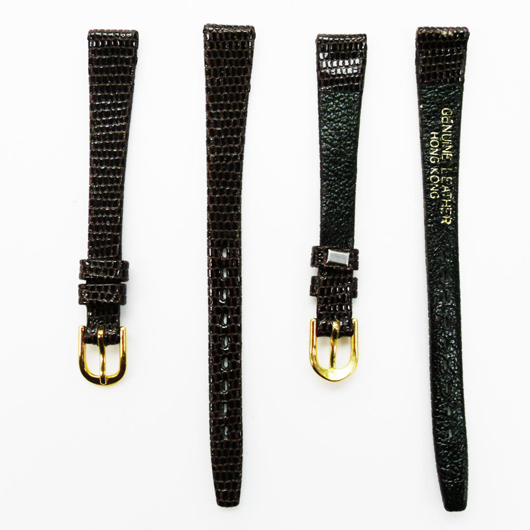 Lizard Style, Ladies Watch Band, 12MM Wide Flat, Regular Size, Dark Brown Color, Golden Buckle, Genuine Leather Strap Replacement