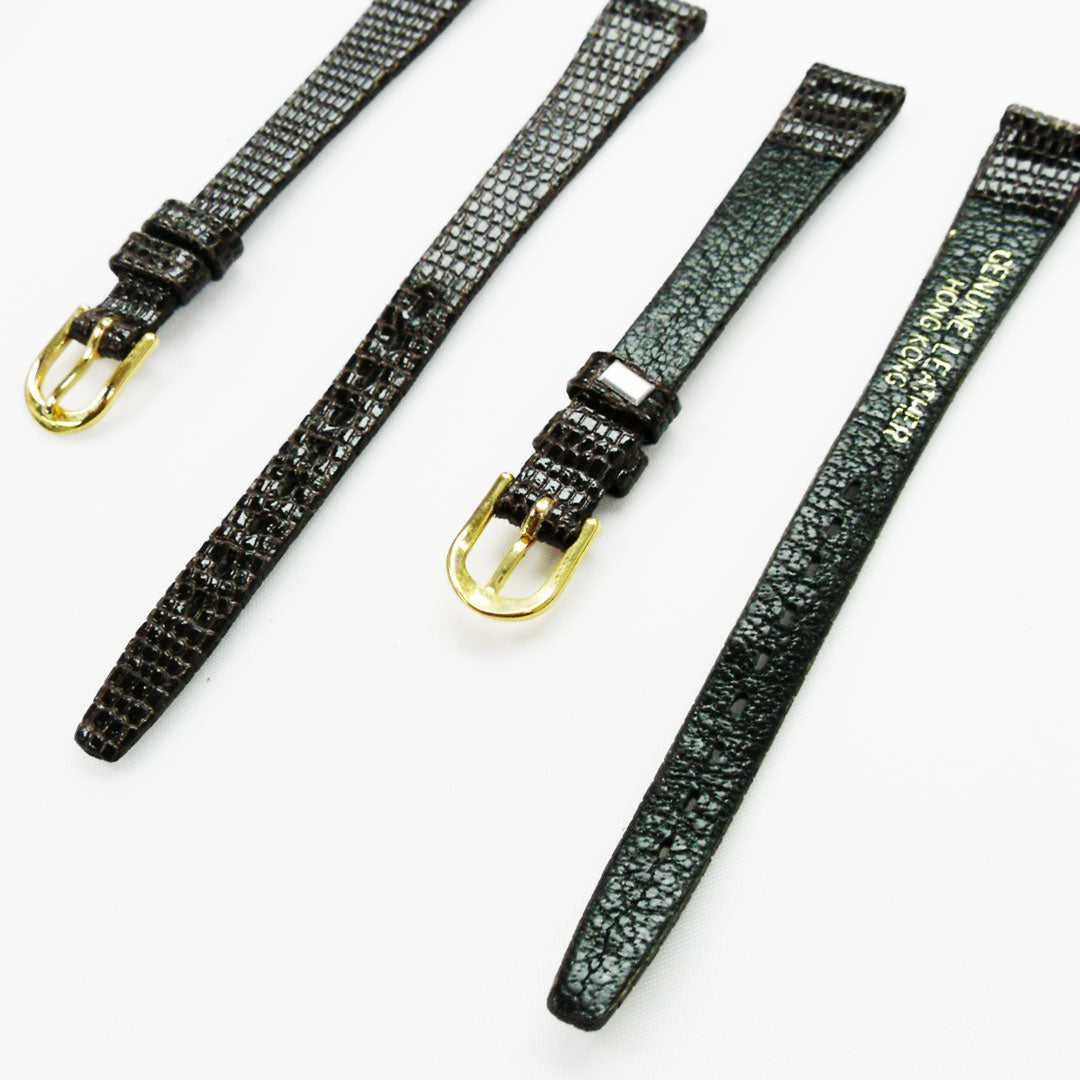 Lizard Style, Ladies Watch Band, 12MM Wide Flat, Regular Size, Dark Brown Color, Golden Buckle, Genuine Leather Strap Replacement