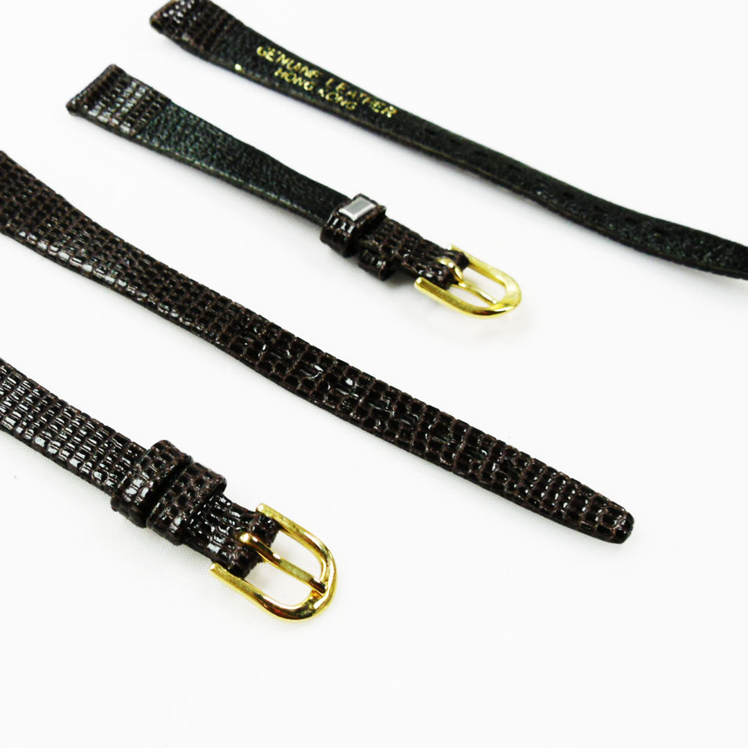 Lizard Style, Ladies Watch Band, 12MM Wide Flat, Regular Size, Dark Brown Color, Golden Buckle, Genuine Leather Strap Replacement