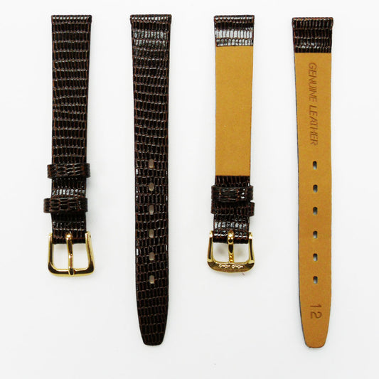 Lizard Style, Ladies Watch Band, 12MM Wide Flat, Regular Size, Dark Brown Color, Silver Buckle, Genuine Leather Strap Replacement