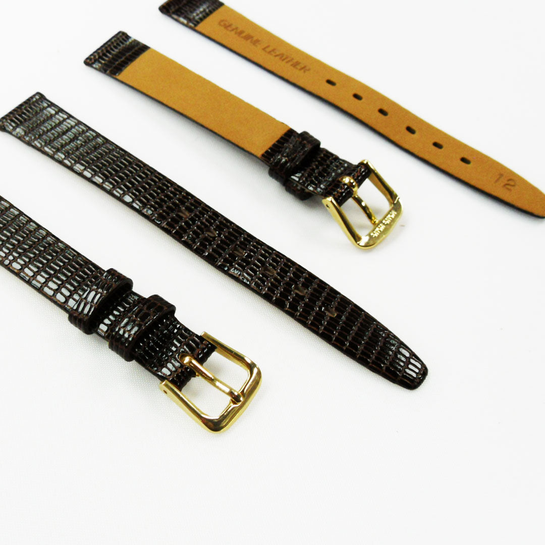 Lizard Style, Ladies Watch Band, 12MM Wide Flat, Regular Size, Dark Brown Color, Golden Buckle, Genuine Leather Strap Replacement