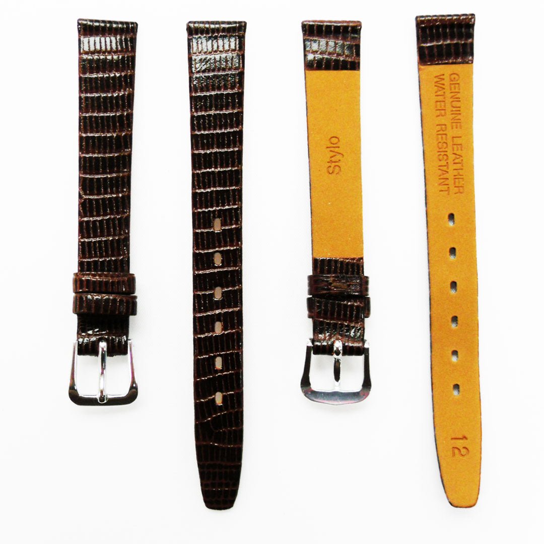 Lizard Style, Ladies Watch Band, 12MM Wide Flat, Regular Size, Dark Brown Color, Silver Buckle, Genuine Leather Strap Replacement - Universal Jewelers & Watch Tools Inc.