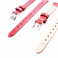 Lizard Style, Ladies Watch Band, 12MM Wide Flat, Regular Size, Red Color, Silver Buckle, Genuine Leather Strap Replacement