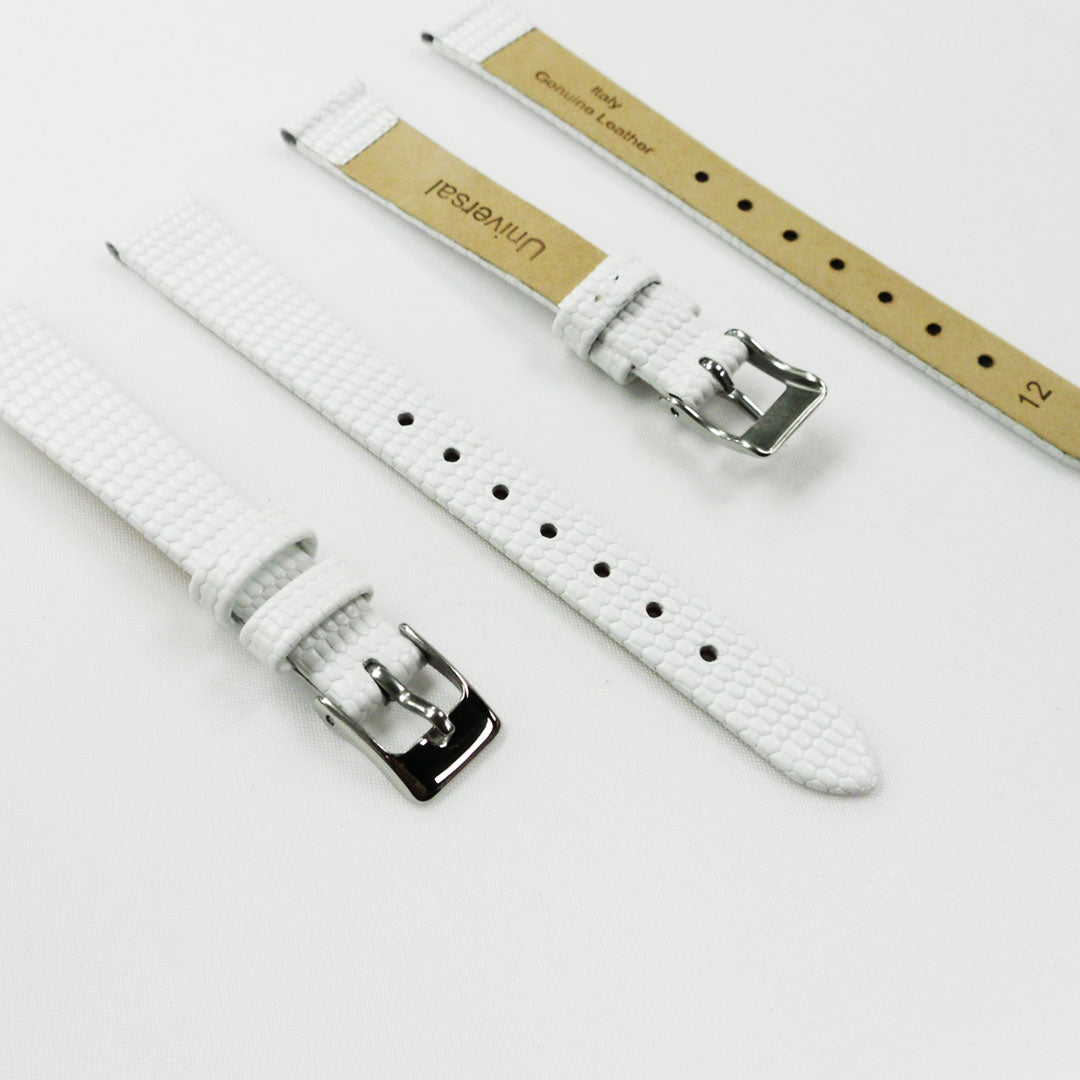 Lizard Style, Ladies Watch Band, 12MM Wide Flat, Regular Size, White Color, Silver Buckle, Genuine Leather Strap Replacement