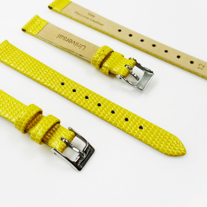 Load image into Gallery viewer, Lizard Style, Ladies Watch Band, 12MM Wide Flat, Regular Size, Yellow Color, Silver Buckle, Genuine Leather Strap Replacement
