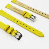 Lizard Style, Ladies Watch Band, 12MM Wide Flat, Regular Size, Yellow Color, Silver Buckle, Genuine Leather Strap Replacement