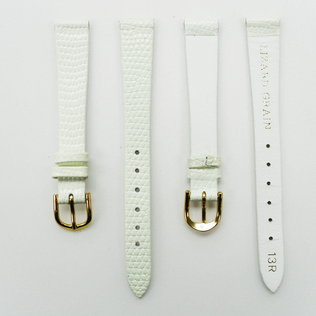 Lizard Style, Ladies Watch Band, 13MM Wide Flat, XL Size, White Color, Gold Buckle, Genuine Leather Strap Replacement