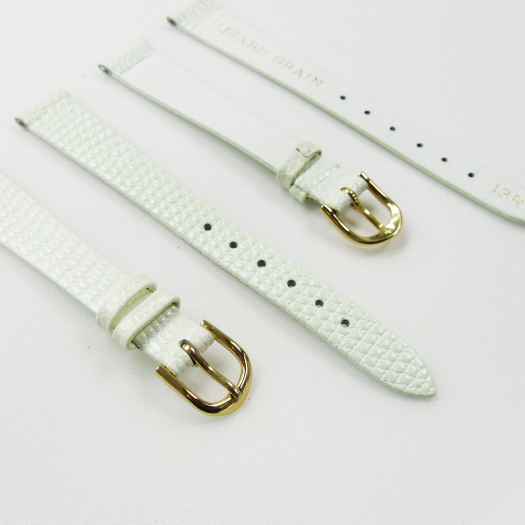 Lizard Style, Ladies Watch Band, 13MM Wide Flat, XL Size, White Color, Gold Buckle, Genuine Leather Strap Replacement