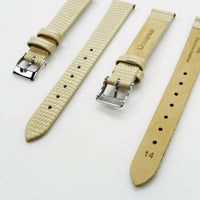 Lizard Style, Ladies Watch Band, 14MM Wide Flat, Regular Size, Beige Color, Silver Buckle, Genuine Leather Strap Replacement