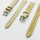 Lizard Style, Ladies Watch Band, 14MM Wide Flat, Regular Size, Beige Color, Silver Buckle, Genuine Leather Strap Replacement