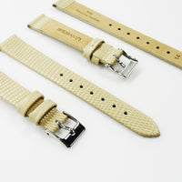 Lizard Style, Ladies Watch Band, 14MM Wide Flat, Regular Size, Beige Color, Silver Buckle, Genuine Leather Strap Replacement