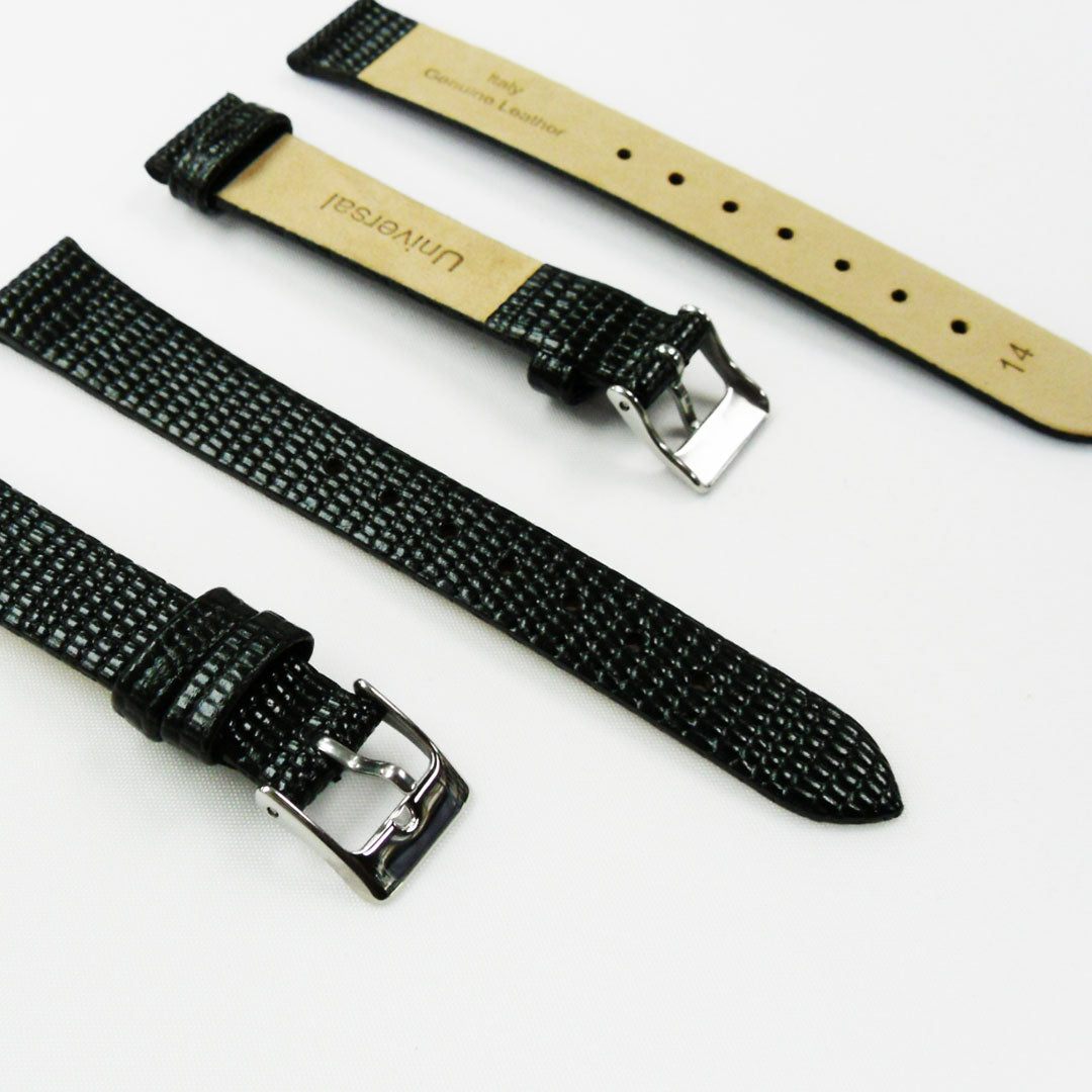 Lizard Style, Ladies Watch Band, 14MM Wide Flat, Regular Size, Black Color, Silver Buckle, Genuine Leather Strap Replacement