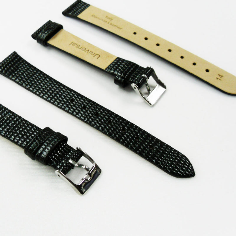 Load image into Gallery viewer, Lizard Style, Ladies Watch Band, 14MM Wide Flat, Regular Size, Black Color, Silver Buckle, Genuine Leather Strap Replacement
