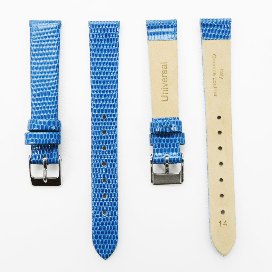 Lizard Style, Ladies Watch Band, 14MM Wide Flat, Regular Size, Blue Color, Silver Buckle, Genuine Leather Strap Replacement