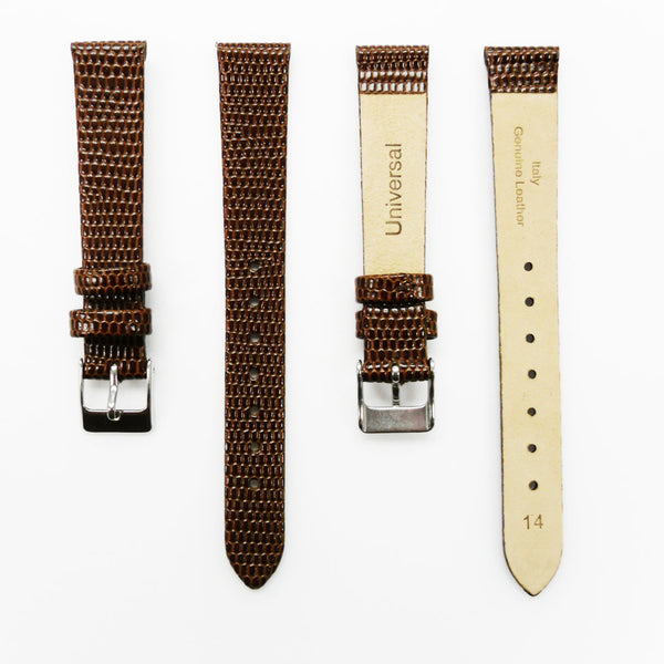 Lizard Style, Ladies Watch Band, 14MM Wide Flat, Regular Size, Brown Color, Silver Buckle, Genuine Leather Strap Replacement