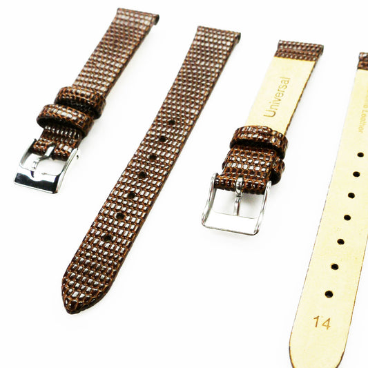Lizard Style, Ladies Watch Band, 14MM Wide Flat, Regular Size, Brown Color, Silver Buckle, Genuine Leather Strap Replacement