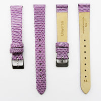 Lizard Style, Ladies Watch Band, 14MM Wide Flat, Regular Size, Purple Color, Silver Buckle, Genuine Leather Strap Replacement