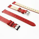 Lizard Style, Ladies Watch Band, 14MM Wide Flat, Regular Size, Red Color, Silver Buckle, Genuine Leather Strap Replacement