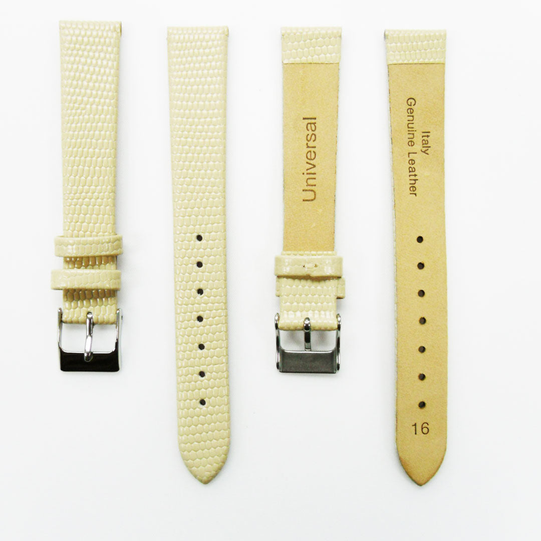Lizard Watch Band, 16MM Wide Flat, Regular Size, Beige Color, Silver Buckle, Genuine Leather Strap Replacement